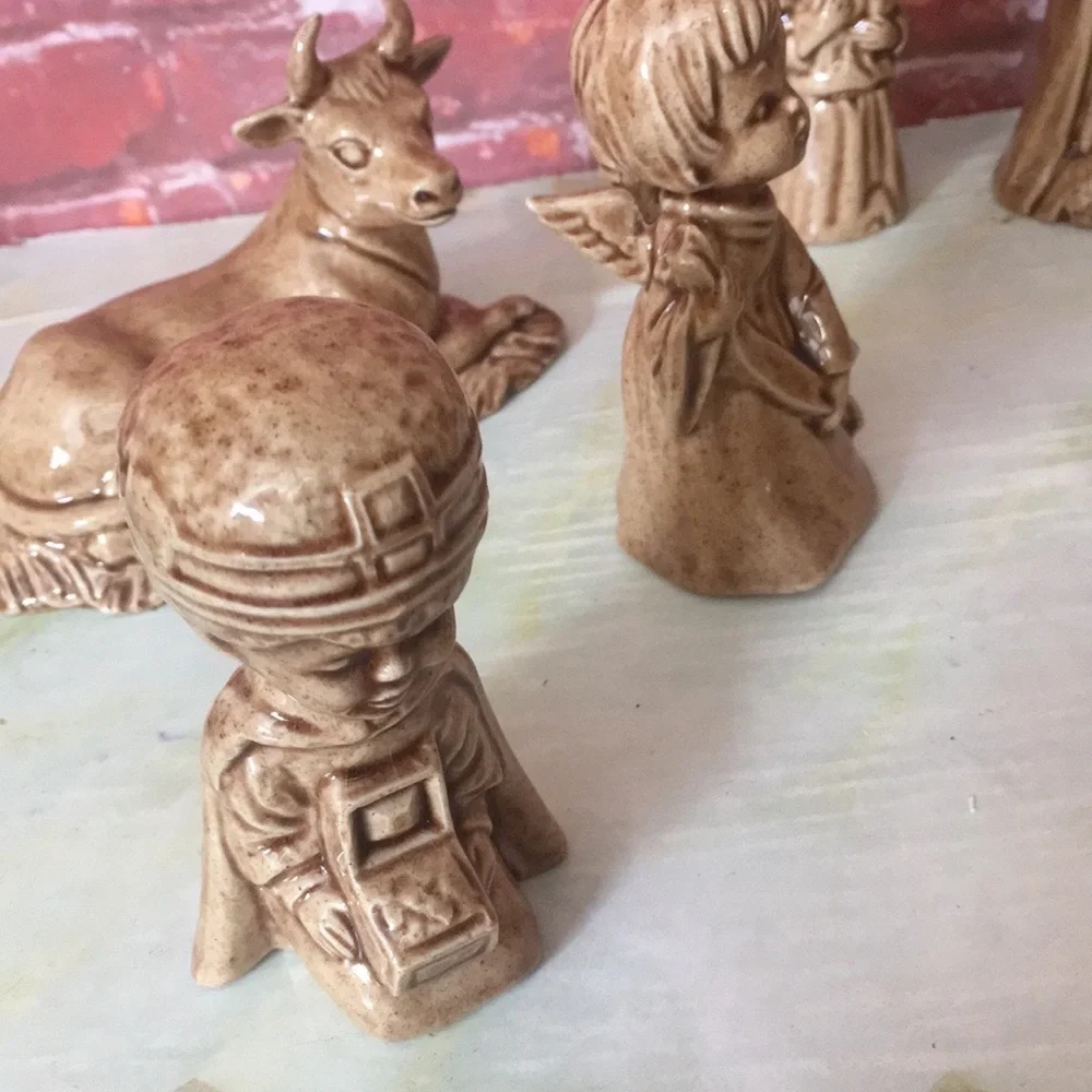 Vintage 70s Duncan Enterprises Tan Glazed Ceramic 12 Piece Nativity Set